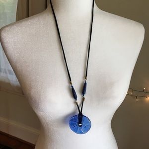 Blue Glass Pendant Long Necklace